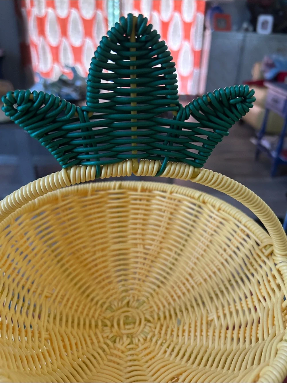 Yellow Two-Tier Wicker Serving Basket with Green Pineapple Accent